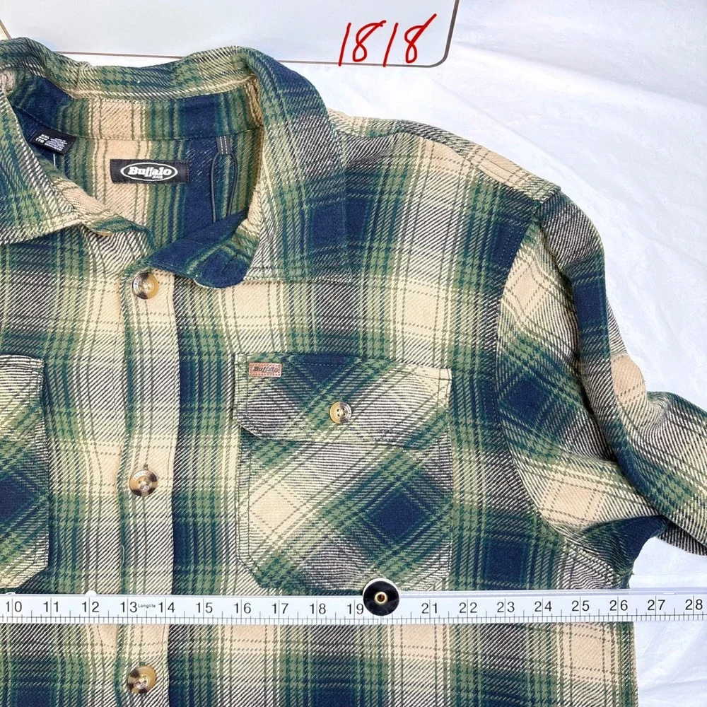 Buffalo David Bitton Mens XXL Green Plaid Cotton Flannel Shirt Jacket Shacket